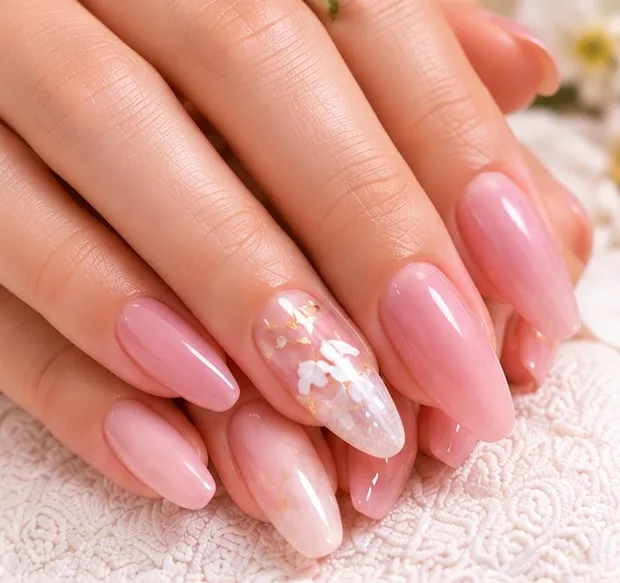 Pink nails with white flower art