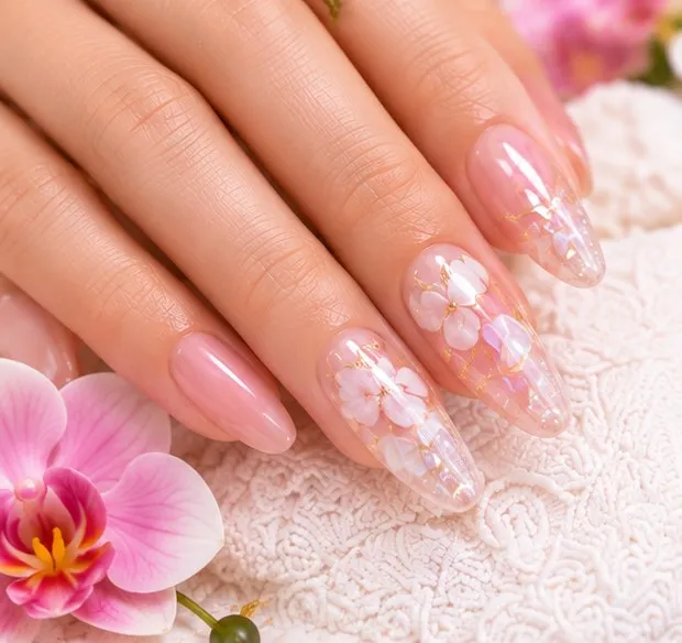 Pink manicure with orchids