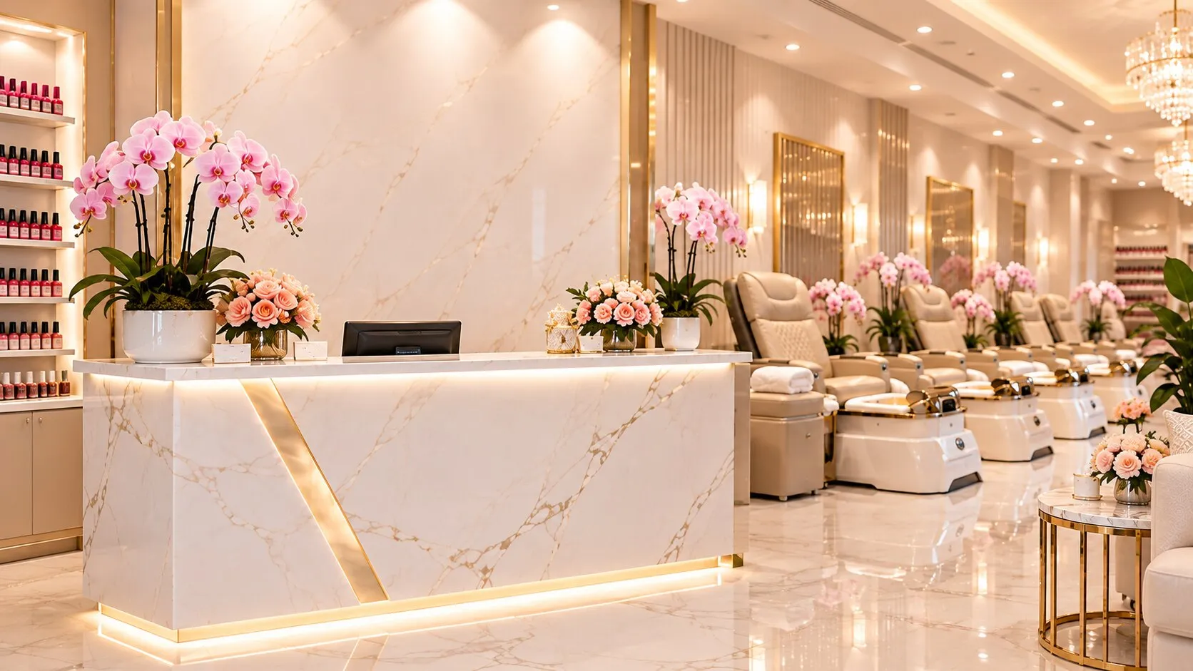 Nail salon reception desk with pink orchids