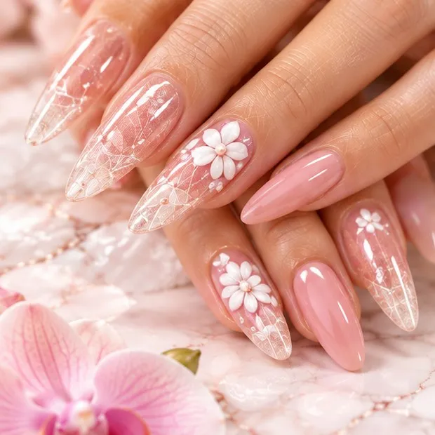 Clear acrylic nails with white flowers